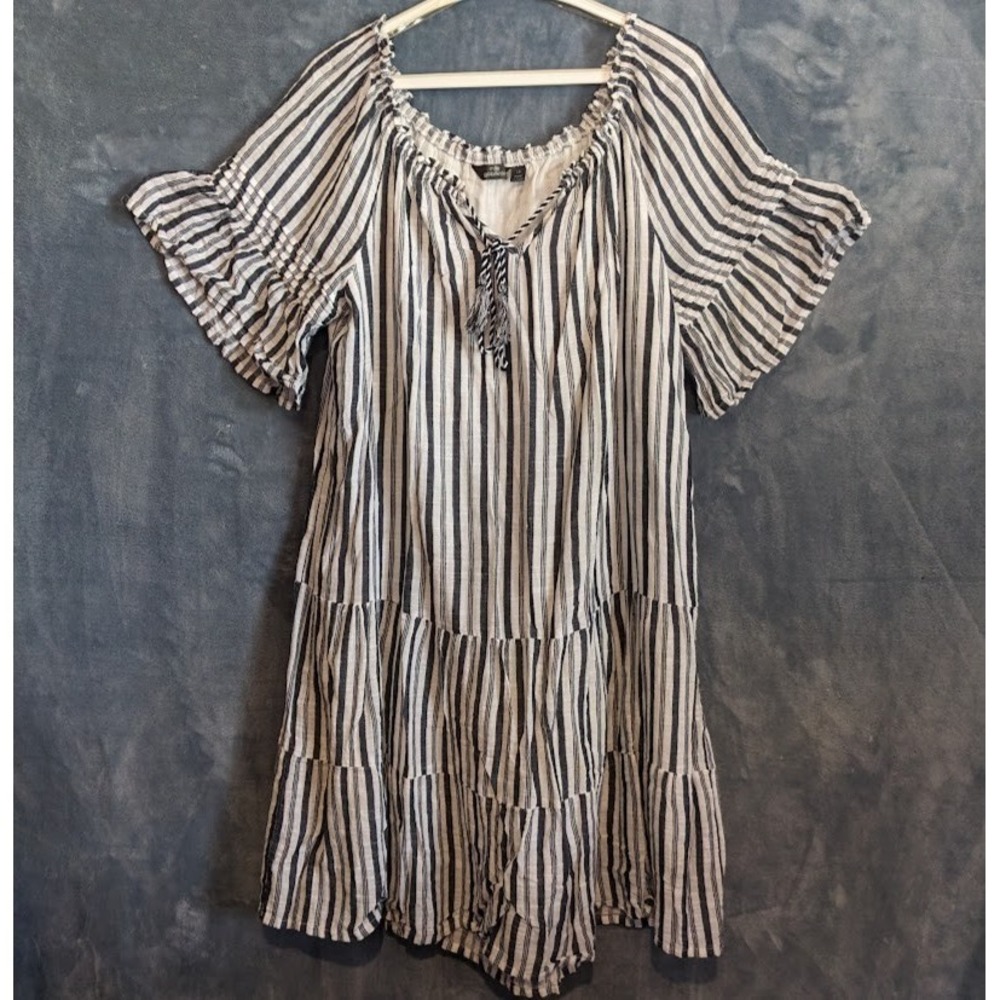 Mlle Gabrielle 100% Cotton Tiered Dress Blue White Stripe Boho Beach Vacation 1X